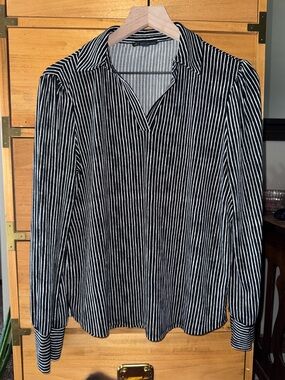 Adrianna Papell Black and White Striped V-Neck Blouse